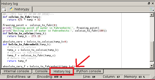 The history log in Spyder