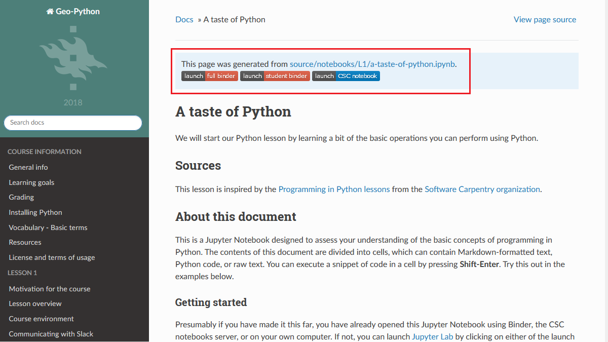 Launch buttons on the Lesson 1: a Taste of Python page